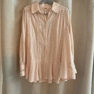 Free People Blush Lace Trim Blouse